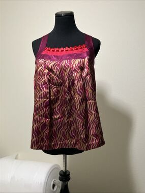 Intuitions Silk Blend Wavy Print Ruffle Tank Top Plum Pink Small Racerback Zip
